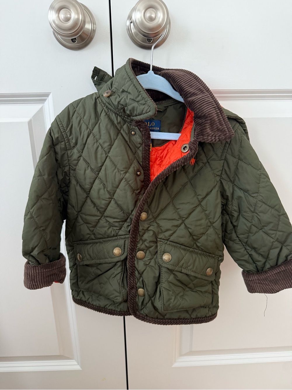Polo by Ralph Lauren Olive and Orange Quilted Jacket with Brown Corduroy Trim